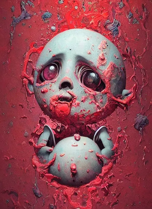 Image similar to a dramatic emotional hyperrealistic pop surrealist oil panting of a sad sobbing grotesque kawaii vocaloid figurine caricature sobbing red in the face uglycrying with tears and snot featured in dead space hill 2 by beksinski made of dripping paint splatters in the style of madballs, 😭 🤮 💕 🎀