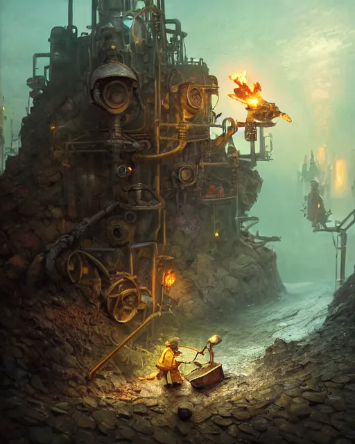 Prompt: oil painting of hamster miner mining gold with pickaxe, steampunk style, close shot, full body, narrow dark steampunk mine shaft background, sharp focus, fantasy style, octane render, volumetric lighting, 8k high definition, by greg rutkowski, highly detailed, trending on art Station, dungeons and dragons artwork, centered