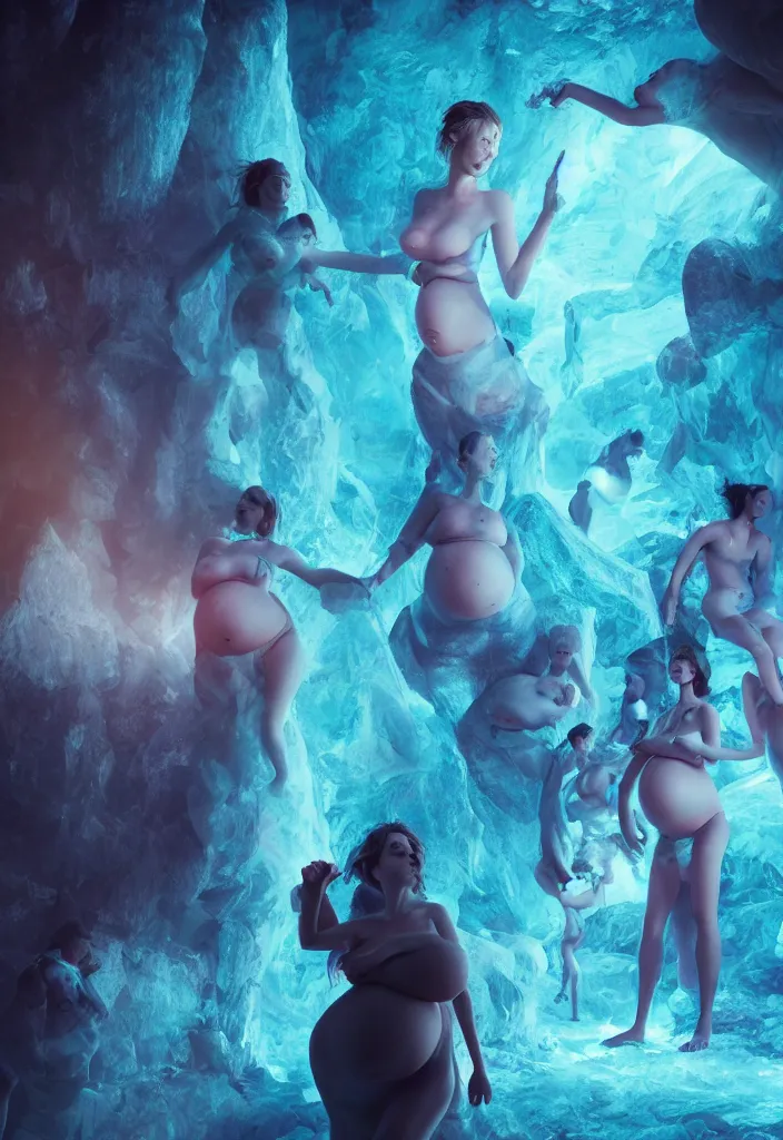 Prompt: epic pregnant woman talking to all her tribe with fluorescence bodies, proud people gather around the pregnant woman, ice cave, facinating, fantasy digital art, octane render, beautiful composition, trending on artstation, award - winning matte painting, masterpiece