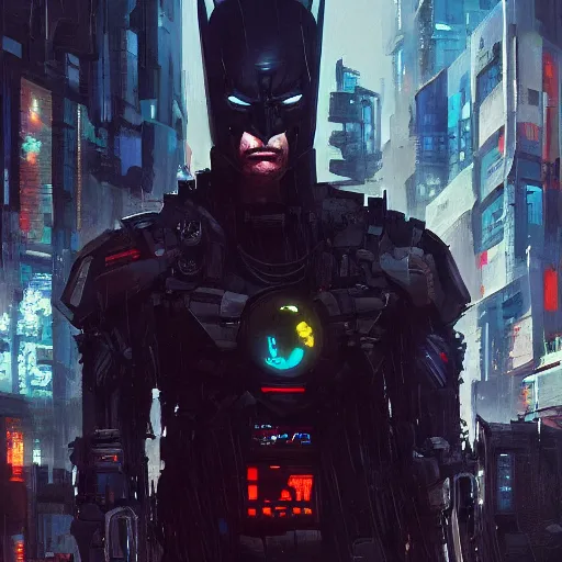 Image similar to cyberpunk batman, futuristic, brush strokes, oil painting, city background, greg rutkowski