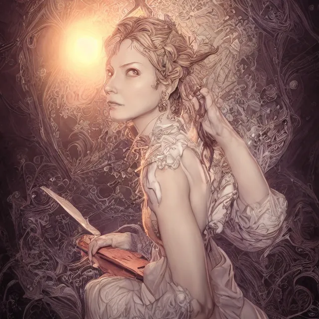 Prompt: the portrait of the lawful evil sorceress lawyer as an absurdly beautiful, graceful, elegant, sophisticated, mature woman, an ultrafine hyperdetailed illustration by kim jung gi, irakli nadar, intricate linework, bright colors, octopath traveler, final fantasy, unreal engine 5 highly rendered, global illumination, radiant light, detailed and intricate environment