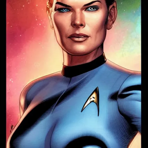Image similar to rebecca romijn as number one, star trek strange new worlds, intricate, elegant, highly detailed, smooth, sharp focus, full body, visible face, detailed face, high contrast, dramatic lighting, graphic novel, art by Ardian Syaf and Pepe Larraz,