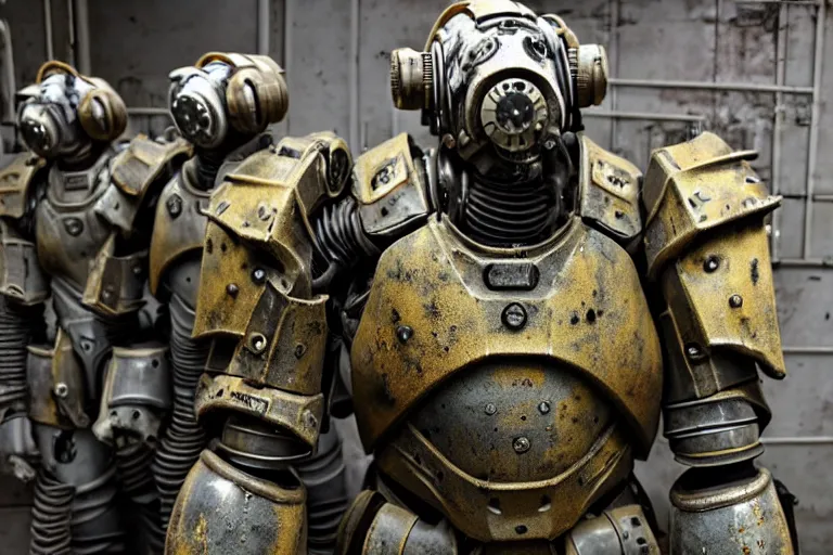 Prompt: photo taken of an epic intricate, ultra detailed, super realistic gritty, hero prop, exquisitely weathered very bulky fallout 4 power armour suits movie prop replica's in a row in the workshop, created by weta workshop, full body shot, photorealistic, sharp focus, white wall, cold colour temperture, golden ratio