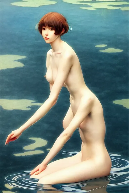 Image similar to a beautiful ayanami rei wearing a plugsuit emerging from the water, oil on canvas, sensuality, artstation, by j. c. leyendecker and edmund blair leighton and charlie bowater, instagram photo