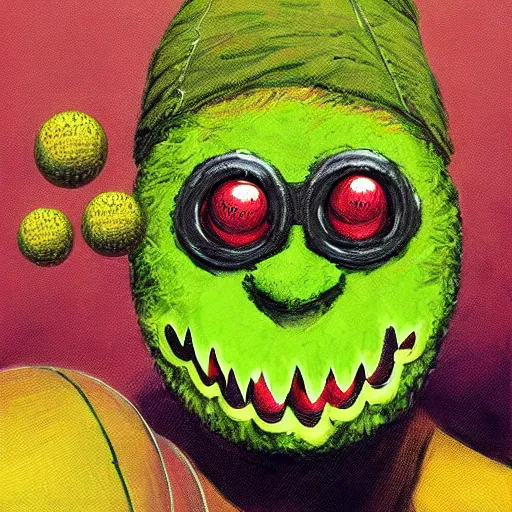 Image similar to a tennis ball monster wearing a balaclava and jewelry , digital art, fantasy, magic, trending on artstation, ultra detailed, professional illustration by Basil Gogos