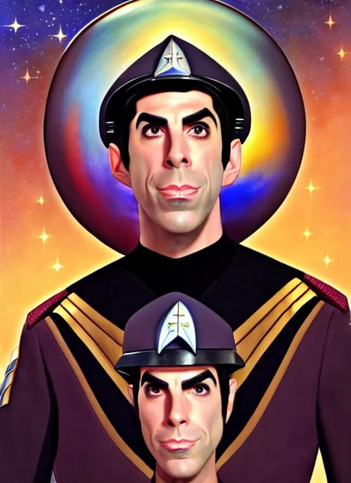 Prompt: cute star trek officer sacha baron cohen, natural lighting, path traced, highly detailed, high quality, digital painting, by don bluth and ross tran and studio ghibli and alphonse mucha, artgerm
