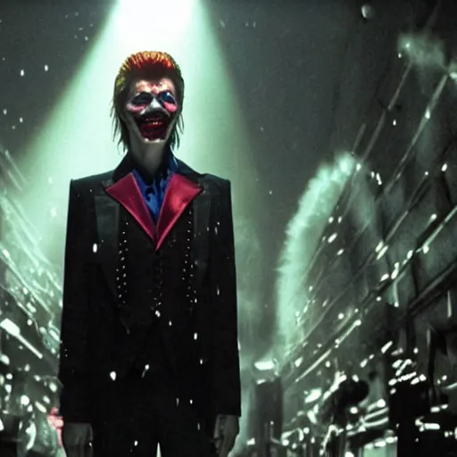 Image similar to awe inspiring David Bowie pkaying The Joker 8k hdr movie still dynamic lighting