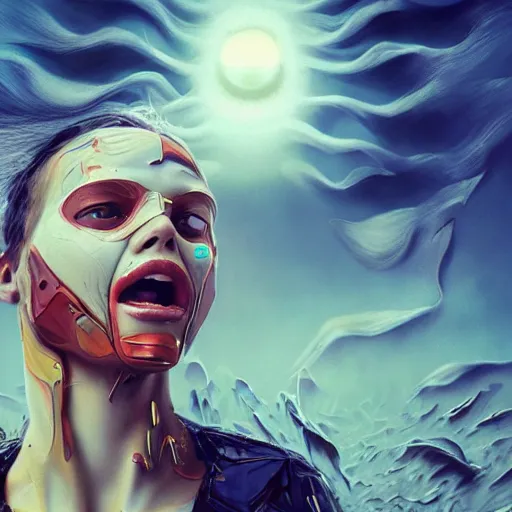 Prompt: 3 d, close - up, screaming fashion model face, sun, cinematic, clouds, vogue cover style, dystopian art, poster art, futuristic, fantasy artrealistic painting, intricate oil painting, high detail illustration, by beeple and james jean and wlop