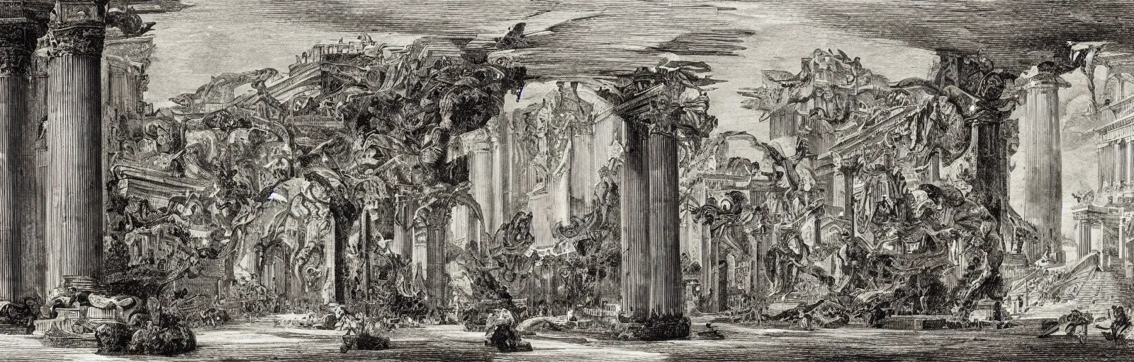 Image similar to a imaginative and theatrical architectural interior landscape, etching by giovanni battista piranesi