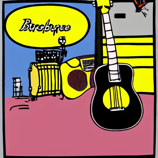Image similar to bumblebee on stage with a guitar in the style of archies cartoon