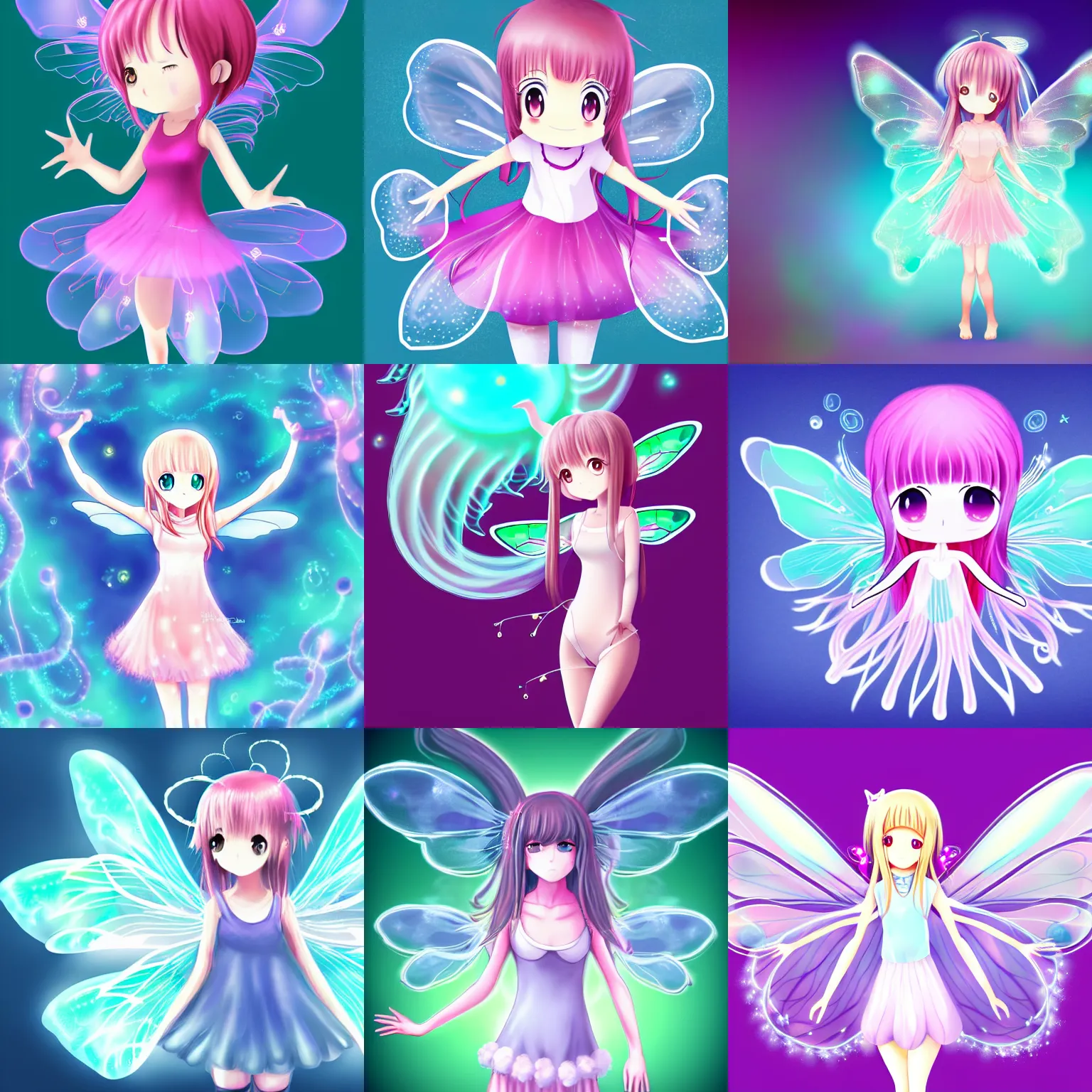 Prompt: cute, full body, female, anime style, a jelly fish girl with fairy wings, large eyes, beautiful lighting, sharp focus, simple background, creative