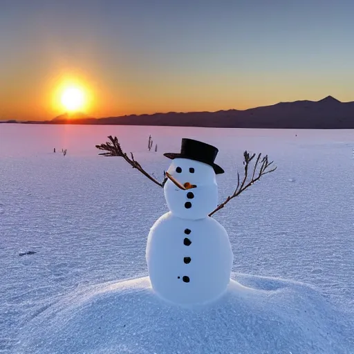 Prompt: there is a snowman made of snow in the desert, he is building a snowman from sand, golden hour, beautiful photography