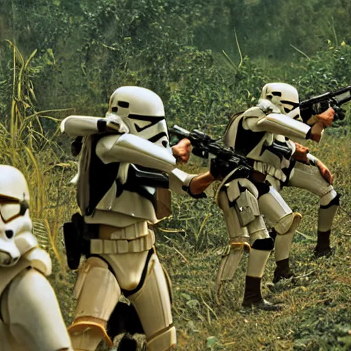 Image similar to star wars clone troopers combat soldiers in vietnam, photo, old picture, lush landscape, jungle, firearms, explosions, helicopters, aerial combat, active battle zone, flamethrower, air support, jedi, land mines, gunfire, violent, star destroyers, star wars lasers, sci - fi, jetpacks, agent orange, bomber planes, smoke, trench warfare