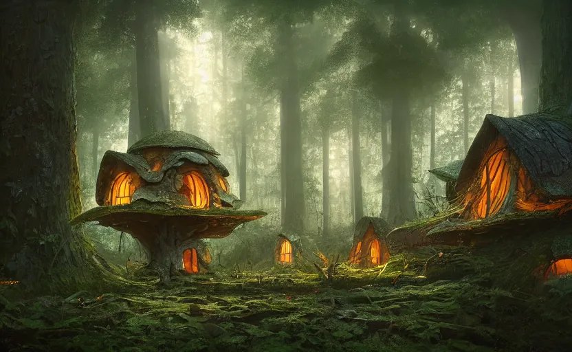 Prompt: A mushroom house in a tall mushroom, warm light coming from the windows, in a dark forest, macro, cool tones, underexposed, overecast, mysterious matte painting by greg rutkowski and marc simonetti and Ivan Shishkin, 4k