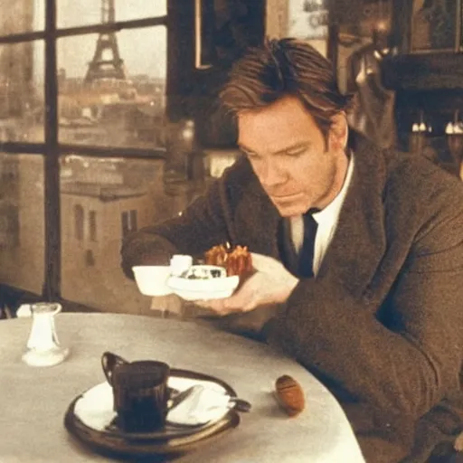 Image similar to ewan mcgregor is sitting at table in a cafe at paris in early 2 0 th century. next to him is a brown cat licking milk from little saucer, atmospheric feeling, warm colours, brown colours, yellow colours, epic scene, cinematic, very detailed