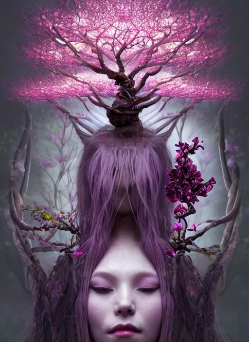 Prompt: a surreal organic shaman, made of orchids and cherry blossom trees, made of mushrooms, diffuse lighting, fantasy, intricate, highly detailed, photorealistic, digital painting, artstation, beautiful woman, concept art, smooth, sharp focus, by john collier and albert aublet, by amanda sage