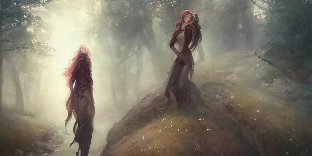 Prompt: The path before us, the world behind us, I'll wait for you there. Beautiful digital art by Charlie Bowater, John Bauer and Daniel F. Gerhartz, hopeful and bright, trending on artstation