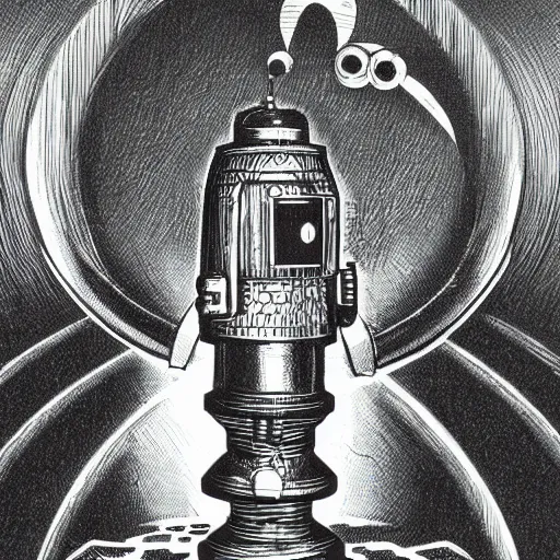 Prompt: Tom Servo from MST3K illustrated by Les Edwards