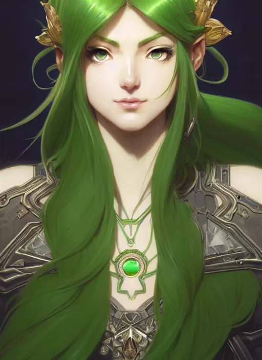 Image similar to portrait, from left, head and body, palutena, piercing green eyes, green hair, concept art, unreal engine, by rossdraws, frank franzzeta, intricate, masterpiece, elegant, hyper detailed, unreal engine rendered, concept art, smooth, sharp focus, illustration, art by artgerm and greg rutkowski and alphonse mucha and garis edelweiss