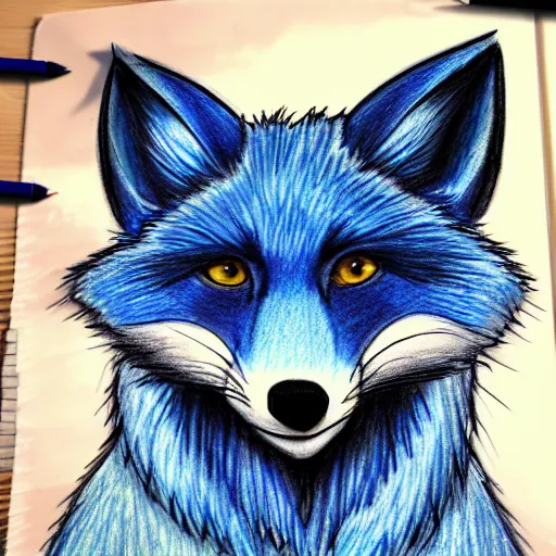 Image similar to high quality colored pencil sketch portrait of an anthro furry fursona blue fox, handsome eyes, sketch doodles surrounding it, photo of notebook sketch