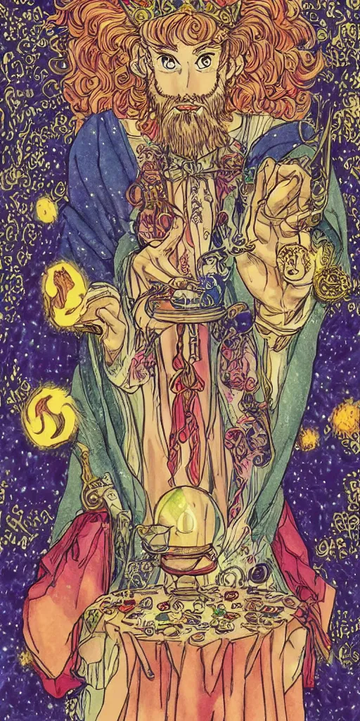 Image similar to a mystical man with a goblet on the table, wizard hat, drawn by Naoko Takeuchi, impressive line work, tarot card. tarot card the magician, psychedelic, intricate