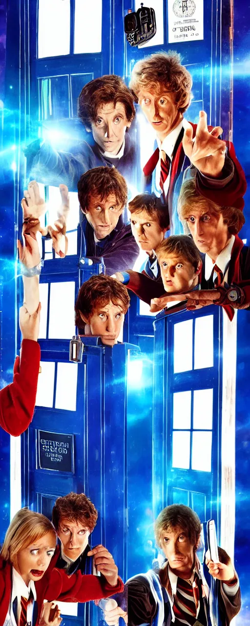 Prompt: a poster for a movie called humanity savers, showing harry potter and dr. who in front of tardis blue phone booth, vivid colors, high resolution, 8 x