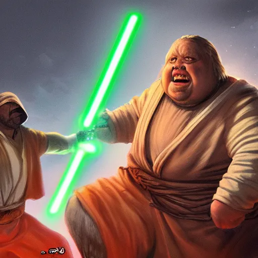 Image similar to highly detailed portrait of morbidly obese jedi fighting a sith, illustration, trending on artstation