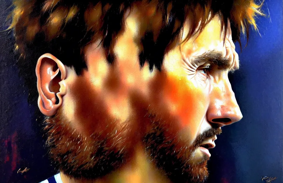 Prompt: portrait of lionel messi!!!!!!!!!!!!!!!!!!!!!!!!!!!, detailed face, detailed painting, epic lighting, by ilya repin, phil hale and kent williams