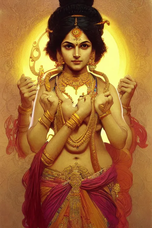 Image similar to a indian women god with eight hand gold color, concept art, art station, digital yellow red sun, smooth, sharp focus, illustration, art by Yoshitaka Amano, artgerm and greg rutkowski and alphonse mucha and william-adolphe bouguereau