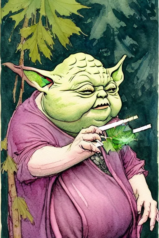 Prompt: a realistic and atmospheric watercolour fantasy character concept art portrait of a fat yoda with pink eyes giggling and holding a blunt with a pot leaf nearby, by rebecca guay, michael kaluta, charles vess and jean moebius giraud