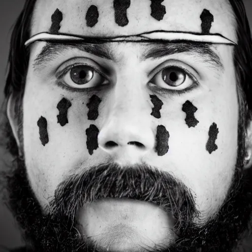 Prompt: symmetrical, close up face portrait of cannibal shia labouf, covered in sesame street tattoos, studio lighting, depth of field, photography, black and white, highly detailed