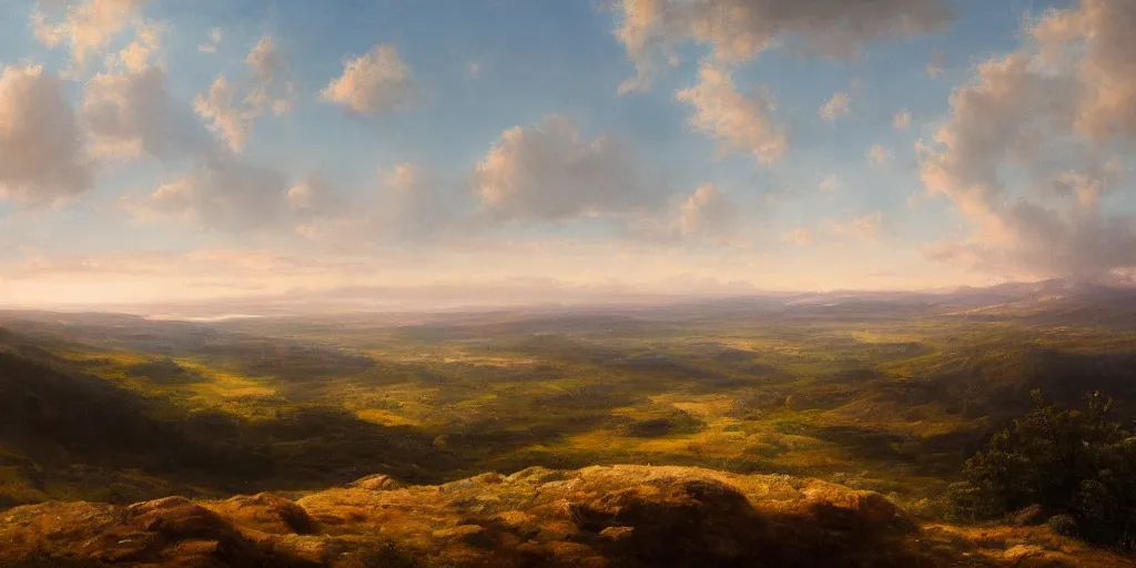 Image similar to a breathtaking landscape from a hilltop, cinematic lighting, detailed oil painting, hyperrealistic, 8k