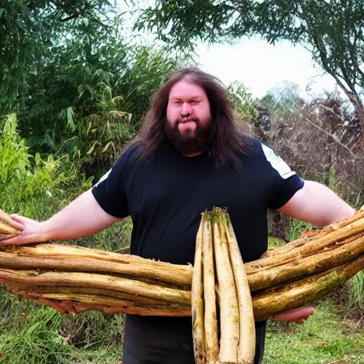 Image similar to a photo of a portly man with long hair holding a 1 0 m long yam