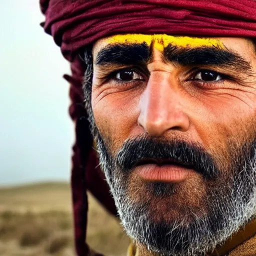 Prompt: Close up of a Kurdish shepherd wearing Kurdish clothes in a movie directed by Christopher Nolan, movie still frame, promotional image, imax 70 mm footage