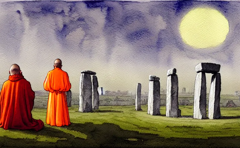 Image similar to a hyperrealist watercolour character concept art portrait of one small grey medieval monk and another giant orange medieval monk kneeling down in prayer in front of a complete stonehenge monument on a misty night. a ufo is in the sky. by rebecca guay, michael kaluta, charles vess and jean moebius giraud