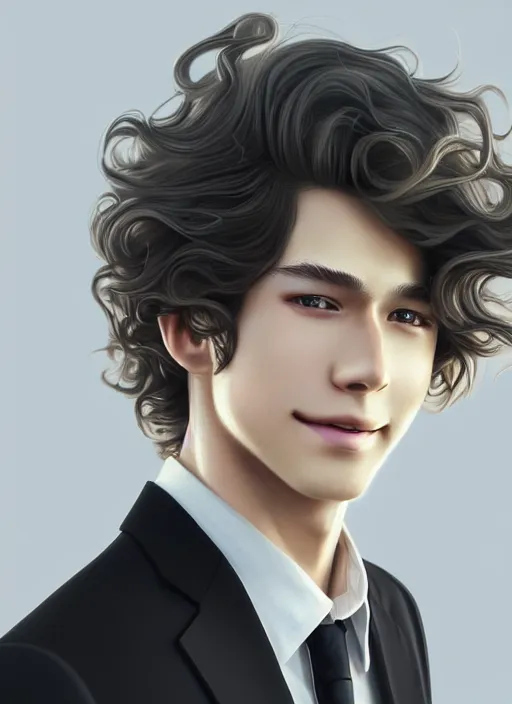 Image similar to young man with medium - length, curly, golden hair, perfectly proportioned face, aquamarine eyes, sweet smile, wearing a black suit, natural lighting, path traced, highly detailed, high quality, animation art, digital painting, by new haicheng and studio ghibli