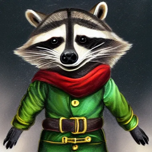 Prompt: a raccoon in a green, hooded rouge outfit with gold accents holding dagger made of fire, trending on art station