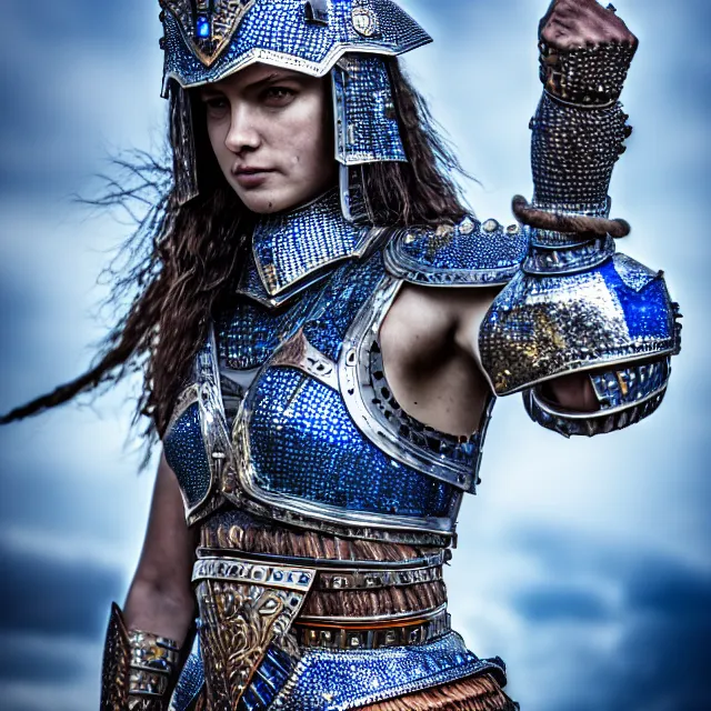 Prompt: photo of a beautiful warrior queen wearing sapphire encrusted armour, highly detailed, 8 k, hdr, smooth, sharp focus, high resolution, award - winning photo