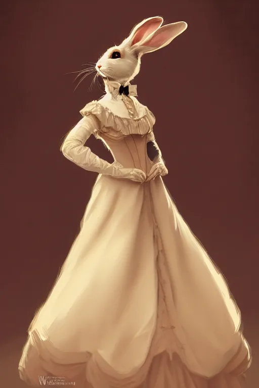 Image similar to portrait of an anthropomorphic rabbit in a victorian - era ballgown, dramatic lighting, highly detailed, digital painting, artstation, concept art, smooth, sharp focus, illustration, art by wlop, mars ravelo and greg rutkowski