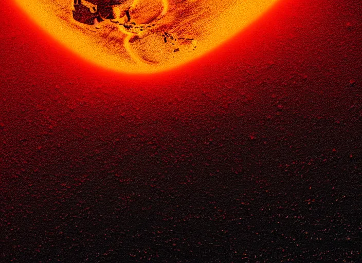 Image similar to the planet earth on fire view from space, Mads Berg, Karolis Strautniekas, film noir, stippled light, dramatic lighting,editorial illustration, detailed,fine texture, matte print, dark orange, red, black