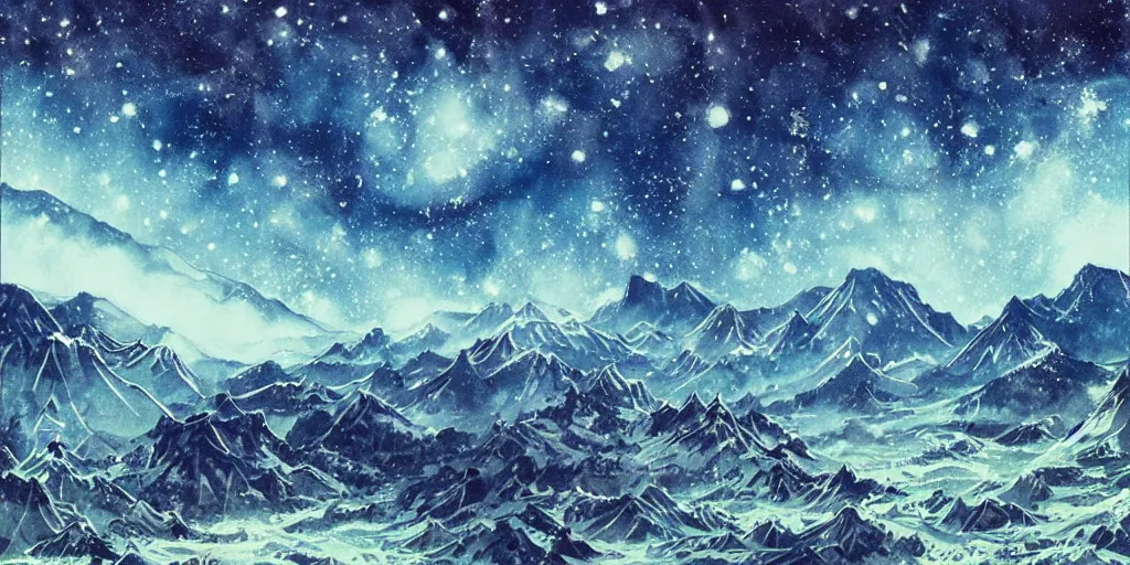 Image similar to stunning mountain landscape with sky full of galaxies by posuka demizu