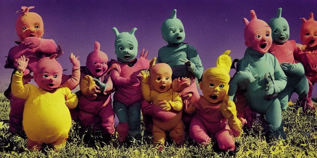 Image similar to the nuclear apocalypse as portrayed by tellytubbies