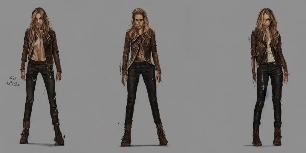 Image similar to full body portrait halston sage as a tattooed wanderer, wearing scratched and ripped short leather jeans, wearing an aviator jacket, character sheet, fine details, props, concept design, contrast, kim jung gi, greg rutkowski, trending on artstation, 8 k, full body, turnaround, front, back, ultra wide angle
