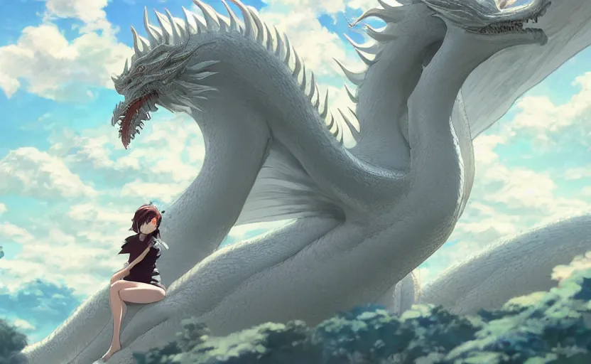 Image similar to a hyper detailed big render that a beautiful girl sitting on the back of a huge silver white dragon alone in fairyland surrounded by white clouds, finely detailed angelic face, style of studio ghibli, makoto shinkai, xision, ilya kuvshinov and artgerm, kazuki tanahashi, james jean, animation style, curve composition, ultra wide angle