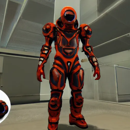 Prompt: after meeting kleiner's pet headcrab lamarr, gordon receives the mark v hev suit, the upgraded version of his old hev suit from the black mesa incident.