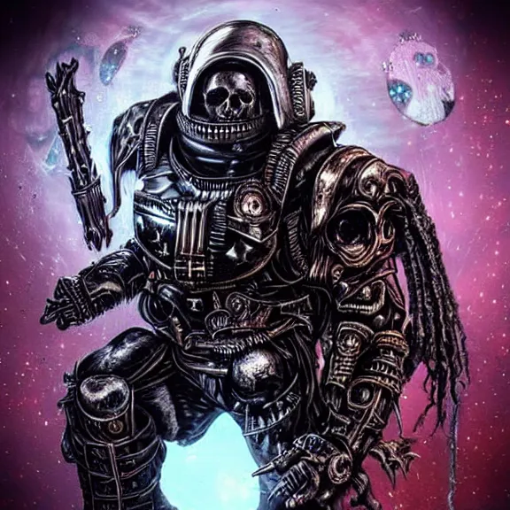 Prompt: fantasycore glitchcore art portrait of an ((((((alive)))))) undead pirate space marine with a deformed skull, an interstellar most wanted criminal radiating a dark unholy aura, a divine cosmic punisher, ornate black futuristic gothic armor, high-tech antivacuum helmet with an broken iridium nanocomputer visor. 8k, by Tristan eaton, Stanley Artgermm, Tom Bagshaw, Greg Rutkowski, Carne Griffiths, Ayami Kojima, Beksinski, Giger, trending on DeviantArt, face enhance, hyper detailed, minimalist, cybernetic, android, blade runner, full of colour, intricate abstract. intricate artwork. celestial. immaculate, octane render, CGSociety, golden ratio fractal and symmetrical artwork. cinematic, hyper realism, high detail, octane render, iridescent accents