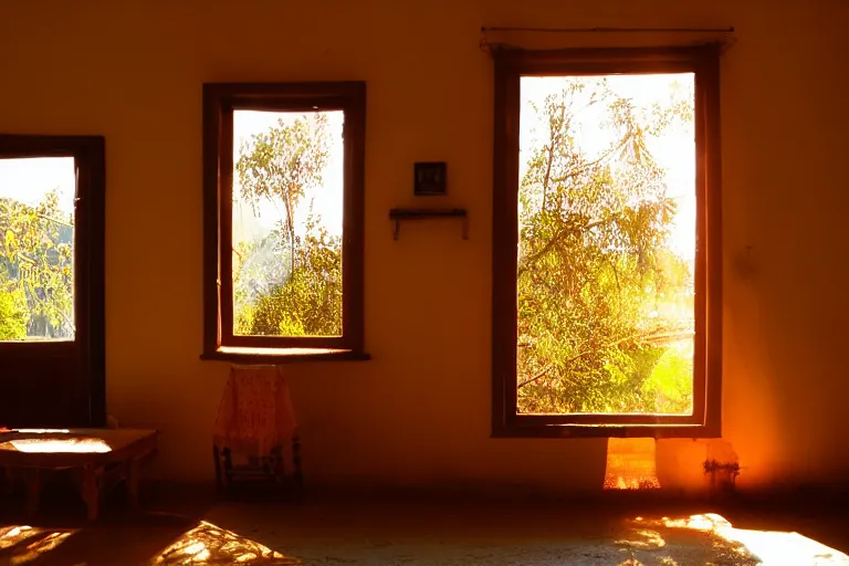 Image similar to rays of the morning sun shining through the window of the village house. very beautiful, clear sky, warm shiny colors