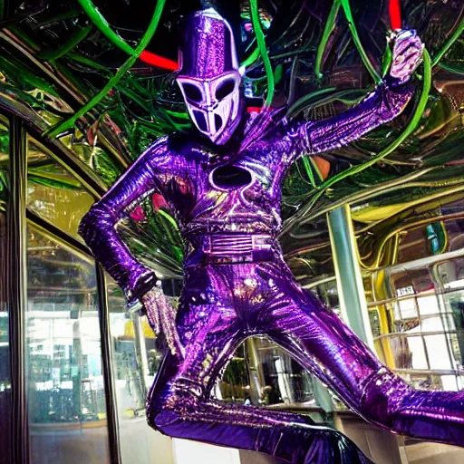 Image similar to conde nast traveler photo, inside a futuristic detailed alien jungle made out of shiny reflective chrome, futuristic android with limbs made out of stretchy rubber tubing mixed with shiny colorful giant intricate detailed chrome gauntlets and chest piece and luchador mask, wearing a long purple velvet cape, fog and mist