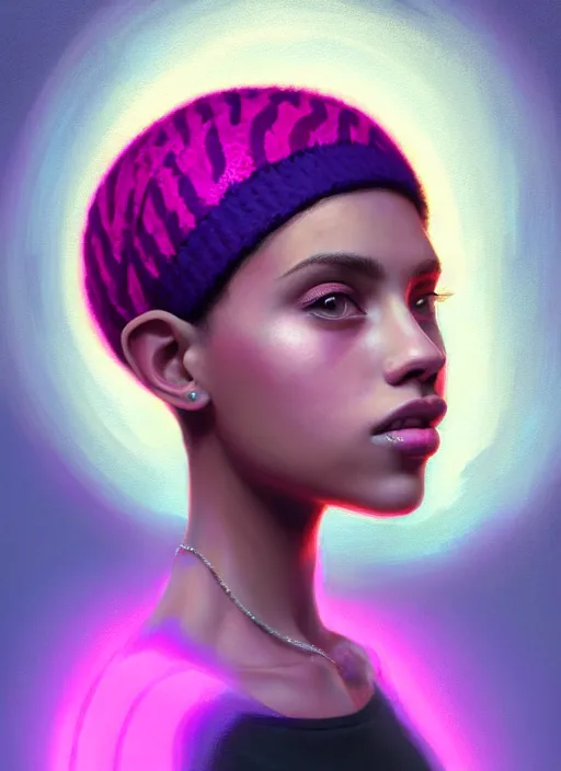 Image similar to portrait of teenage vanessa morgan with bright pink hair, black girl, curly pixie cut hair, wearing a purple breton cap, breton cap, hoop earrings, intricate, elegant, glowing lights, highly detailed, digital painting, artstation, concept art, smooth, sharp focus, illustration, art by wlop, mars ravelo and greg rutkowski