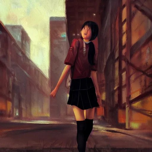 Image similar to a perfect, realistic professional oil painting of a Japanese schoolgirl posing in a dystopian alleyway, close-up, by a professional American senior artist on ArtStation, a high-quality hollywood-style concept